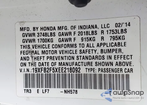 2014 Honda Civic Lx z USA, uszkodzony, nr VIN 19XFB2F5XEE218092